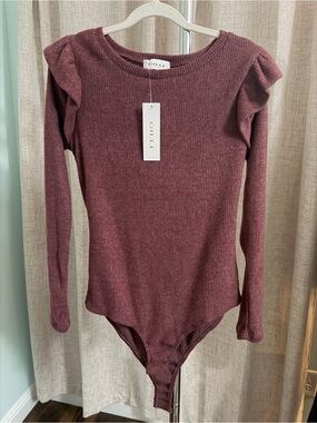 Gilli Long Sleeve Ruffle Shoulder One-Piece Bodysuit - Wine